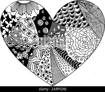 Coloration vectorielle à partir de motifs zentangle sous forme de coeur. Application dans les documents imprimés, création de pages colorantes pour les enfants et les adultes. Illustration de Vecteur