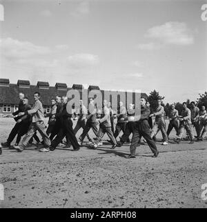 Reportage du camp de Vught Dans le camp criminel de Vught, 7000 collaborateurs et traîtres néerlandais sont enfermés. Les soldats des Néerlandais Stoottroopers sont en charge de la garde, en particulier des 300 Néerlandais SS. Sous la direction du commandant du camp, Le Major L. Mennes et ses aides, ces prisonniers sont utilisés pour purifier les environs de Vught des mines terrestres. Ils sont habillés dans les paquets de prison à rayures bleu-blanc de l'ancien néerlandais capturé par les Allemands. Les prisonniers reçoivent la ration civile minimale, qui a également été réduite, parce que toutes les friandises ont été supprimées Banque D'Images