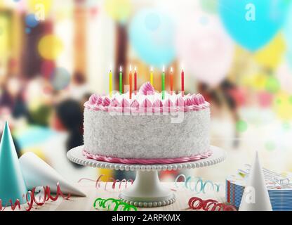 Gâteau d'anniversaire avec bougies sur fond couleur, rendu en relief Banque D'Images