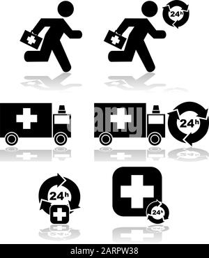 Ensemble d'icônes affichant les éléments liés à l'état de santé avec accès d'urgence 24 heures sur 24 Illustration de Vecteur