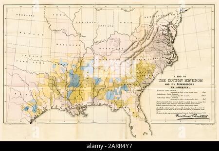 Carte des régions Productrices de coton du Sud américain pendant le commerce des esclaves, publiée en 1861 Banque D'Images