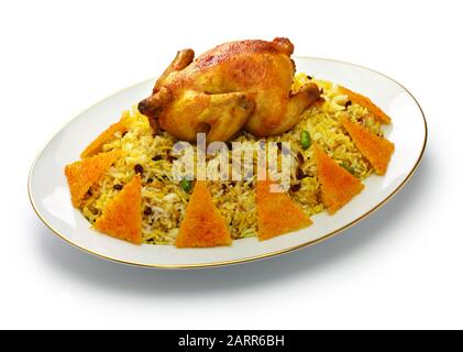 zeshk polo ba morgh, riz aux baies avec poulet au safran, cuisine iranienne persane Banque D'Images