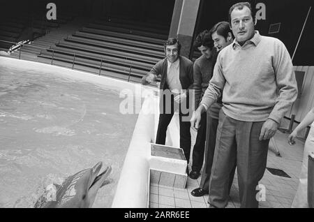 Équipe de l'Atletico Madrid au Dolphinarium à Zandvoort nourrir les dauphins Date: 27 avril 1971 lieu: Noord-Holland, Zandvoort mots clés: Dauphins, joueurs, sport, football Banque D'Images