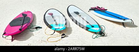 Panorama photo de quatre planches à paddle colorées pour se coucher à la plage blanche sur Boracay, ils sont à louer par les touristes pendant la saison estivale Banque D'Images