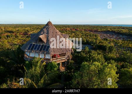 Couple profitant du coucher du soleil de la maison d'arbre à Paje, Jozani Banque D'Images