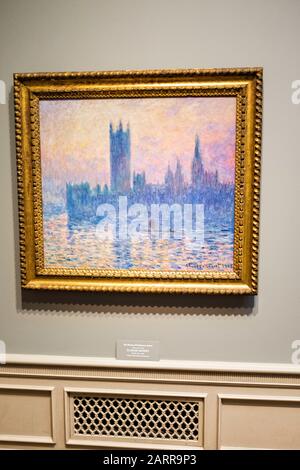 Monet encadré, huile sur toile, « les Chambres du Parlement, coucher de soleil », suspendu dans la National Gallery of Art, Washington D.C. Banque D'Images