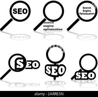 Ensemble d'icônes affichant une loupe associée aux mots « optimisation du moteur de recherche » et « DEO » Illustration de Vecteur