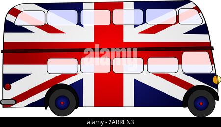 Illustration de dessin animé montrant un bus à double pont peint dans les couleurs de l'Union Jack, le drapeau du Royaume-Uni Illustration de Vecteur