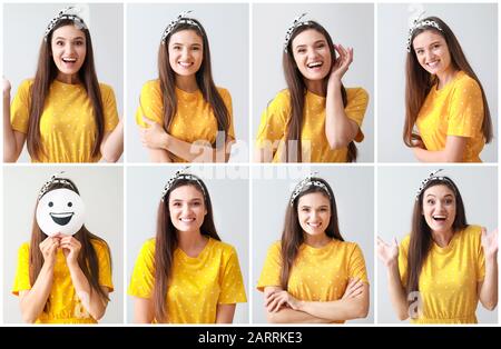 Collage avec une jeune femme heureuse sur fond clair Banque D'Images