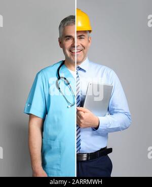 Portrait de comparaison de l'homme en uniformes de différentes professions sur fond gris Banque D'Images