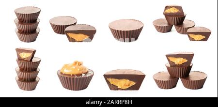 Ensemble de tasses de beurre d'arachide au chocolat sur fond blanc Banque D'Images