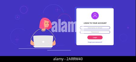 Formulaire de connexion et sécurité des informations sur les réseaux sociaux et les comptes personnels. Femme adolescente à écran plat utilisant un ordinateur portable pour se connecter à son compte. Mot de passe authentique Illustration de Vecteur