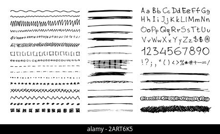 Ensemble de bordures de ligne dessinées à la main, de traits de griffonnage, de polices écrites à la main et d'éléments de conception isolés en blanc. Brosses de style Doodle. Eps vectoriels monochromes Illustration de Vecteur