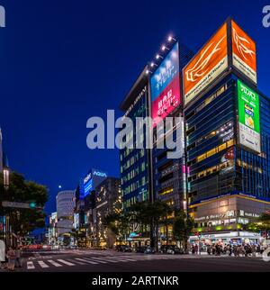 Tokyo, Ginza, Japon, août 2019 - vue nocturne des boutiques de luxe de marques de mode de classe mondiale au coeur du quartier de Ginza. Banque D'Images