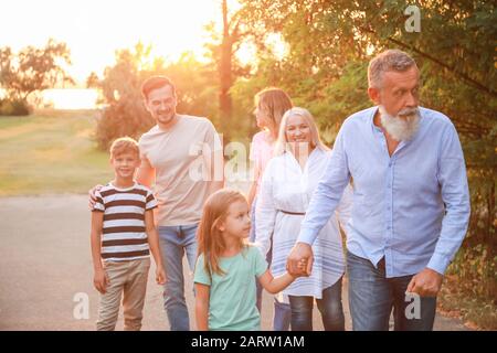 Grande famille marchant dans le parc Banque D'Images