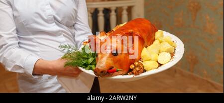 Le garçon tient un porc grillé sur un plat blanc avec des pommes de terre bouillies, du persil frais, de l'aneth et du piment rouge chaud. Banque D'Images