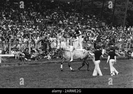 Jour du cheval sur Duindigt Stunt avec trois personnes sur un cheval Date: 25 juillet 1979 lieu: Wassenaar, South-Holland mots clés: Trotting and racing, chevaux, cascades Nom de l'établissement: Duindigt Banque D'Images