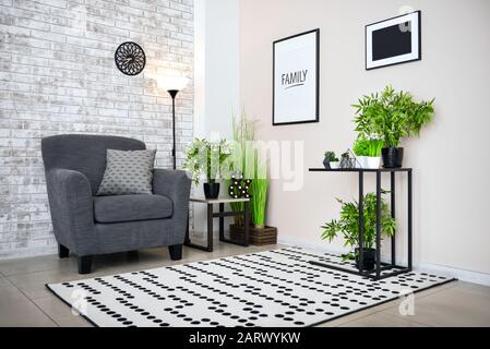 Fauteuil avec plantes vertes à l'intérieur de la chambre Banque D'Images
