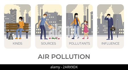 Kit d'illustrations vectorielles plates pour la pollution de l'air. Contamination de l'environnement par des polluants, du dioxyde de carbone, des émissions industrielles influence négative concepts. Personnes dans les masques, protection contre la poussière Illustration de Vecteur