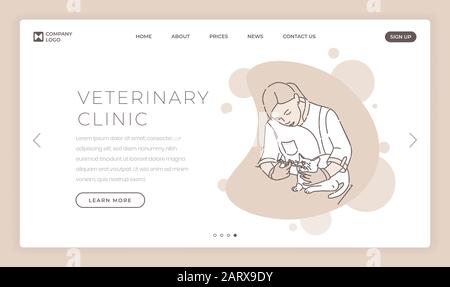 Modèle vectoriel de la page d'accueil de la clinique vétérinaire. Page d'accueil du site Web de l'hôpital d'animaux idée d'interface avec le vétérinaire traitant des illustrations de chat. Services médicaux pour les animaux de compagnie page Web concept de dessin animé Illustration de Vecteur