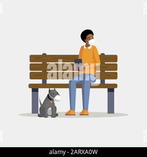 Homme portant un masque de protection à plat illustration. Gars afro-américain avec chien dans les respirateurs assis sur le banc de parc isolé de personnage de bande dessinée. Problème de pollution atmosphérique, protection contre le smog Illustration de Vecteur