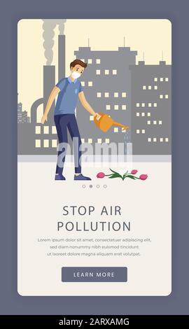 Modèle d'écran d'application d'intégration de la pollution atmosphérique. Protection de l'environnement, économie de la nature, arrêter la contamination industrielle page d'accueil mobile. Site Web smartphone avec personnage de dessin animé de fleurs arrosant Illustration de Vecteur