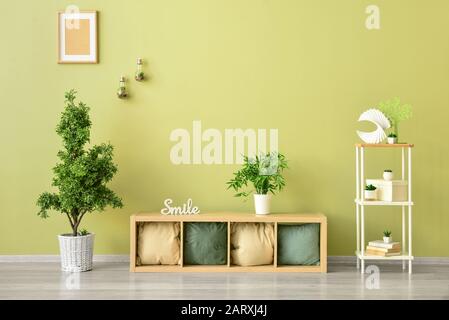 Mobilier élégant avec oreillers et plantes près du mur de couleur dans la chambre Banque D'Images