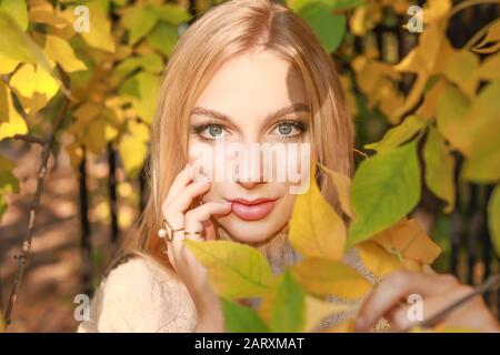 Belle jeune femme près de l'arbre d'automne dans le parc Banque D'Images