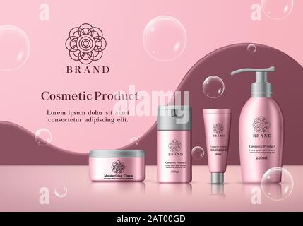 Produit cosmétique avec modèle vectoriel de bulles. Produit cosmétique pour crèmes hydratantes pour le corps, lotions de blanchiment, protection solaire et sérum. Illustration de Vecteur