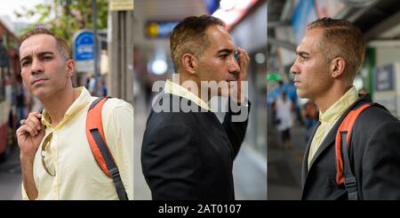 Collage de l'homme d'affaires persan dans différents modes de transport dans la ville plein air Banque D'Images