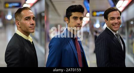 Collage de trois hommes d'affaires persans en combinaison avec différents groupes d'âge à la station de métro explorant la ville Banque D'Images