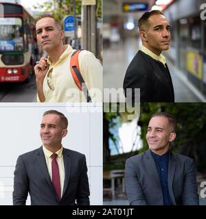 Collage de l'homme d'affaires persan en costume explorer différents endroits autour de la ville Banque D'Images