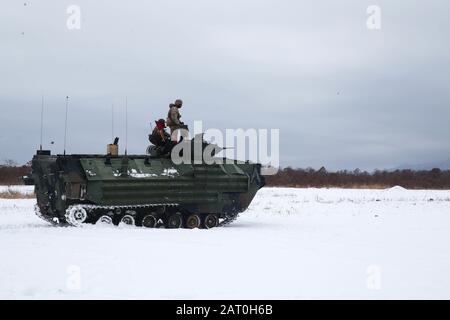 Marines américaines avec le 3ème Bataillon d'amphibiens Assault, 3ème division marine, effectuer une aire de tir en direct sur un véhicule amphibie Assault pendant l'exercice Northern Viper 2020 à Hokudaien Training Area, Hokkaido, Japon, 28 janvier 2020. Northern Viper est un exercice d'entraînement régulier conçu pour améliorer l'interopérabilité de l'Alliance américaine et japonaise en permettant aux forces de travail marines aériennes du III MEF de maintenir leur létalité et leur compétence dans les opérations D'armement Combiné MAGTF dans les environnements froids. (ÉTATS-UNIS Photo du corps marin par le Cpl. Cameron E. Parcs) Banque D'Images