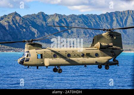 Ch-47 Chinook du 3ème Bataillon, 25ème Régiment d'aviation, a mené des opérations d'assaut aérien aux côtés Des Soldats du 1ème Bataillon, 27ème Régiment d'infanterie, 2ème Equipe de combat Brigade, 25ème Division d'infanterie de l'aérodrome de l'Armée de Wheeler, Hawaï, 27 janvier, pour lancer leur semaine d'entraînement réaliste. La préparation détermine notre capacité à combattre et à gagner les guerres de notre nation; c'est la capacité de nos forces de mener toute la gamme d'opérations militaires pour vaincre tous les ennemis. (ÉTATS-UNIS Photo de l'armée par Sgt. Sarah D. Sangster) Banque D'Images