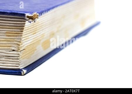 Coin du livre avec anciennes pages jaunes isolées sur fond blanc Banque D'Images