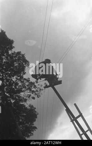 Garoet. Purification actions environnement Tjibatoe et Wanaradja soldat siège dans un pôle d'électricité Date: 15 octobre 1947 lieu: Indonésie, Java, Pays-Bas Indes orientales Banque D'Images