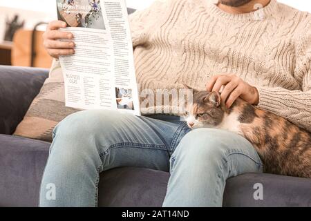 Homme avec un joli journal de lecture de chat à la maison Banque D'Images