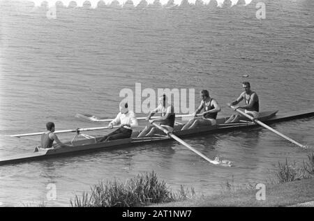 Championnats européens d'aviron à Bosbaan, quatre avec stu 10, 11, 12, 13 Pologne, Pays-Bas, Suisse, Autriche Date : 7 août 1964 lieu : Amsterdam Bos, Bosbaan, Pays-Bas, Autriche, Pologne, Suisse mots clés : aviron, Championnats Banque D'Images