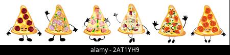 Un ensemble de différentes variétés de pizza italienne est un personnage mignon avec un visage. Pour votre entreprise, pizzeria, logo de restaurant pour décorer le menu et Illustration de Vecteur