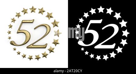 Numéro 52 (numéro cinquante-deux) célébration anniversaire design avec un cercle d'étoiles d'or sur un fond blanc avec ombre et canal alpha. 3 dimensions Banque D'Images