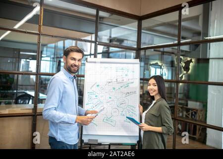 Deux collègues qui font des croquis sur le tableau de conférence Banque D'Images