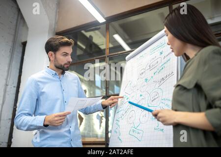 Homme barbu dans une chemise bleue pointant vers la sketeth sur le tableau de conférence Banque D'Images