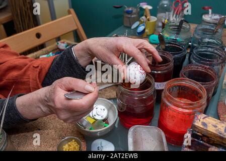 28 janvier 2020, Brandebourg, Lübbenau: Bärbel Lange met un oeuf de poulet dans un verre avec de la peinture rouge. Elle décorera les oeufs blancs toute l'année en utilisant la technique de batik de cire et la technique de Bossier. Après environ deux heures, ils deviennent richement décorés des œufs de Pâques sorbiens. Photo : Stephan Schulz/dpa-Zentralbild/ZB Banque D'Images
