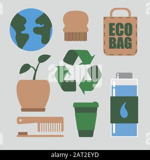 Jeu zéro déchet, icônes plates. Panneau de recyclage, planète Terre, brosse à dents en bambou, brosse en bois, bouteille en verre, tasse réutilisable, sac en papier, plante verte avec nouveau Illustration de Vecteur