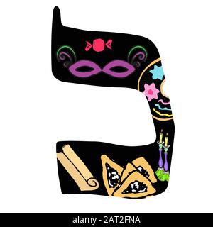 Dessin à la main de l'alphabet hébreu. Font Hébreu Purim, Pâque, Savuot. Lettres hébraïques. Illustration vectorielle sur un arrière-plan isolé. Illustration de Vecteur