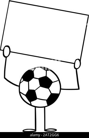 Illustration vectorielle du personnage de football de dessin animé ou de ballon de football montrant ou tenant un panneau vide dans les mains.Publicité ou design de marketing de sport. Illustration de Vecteur