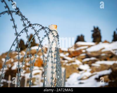Clôture de fil barbelé. La clôture empêche les personnes et les animaux de pénétrer dans les zones fermées. Clôture sur fond de montagnes enneigées Banque D'Images