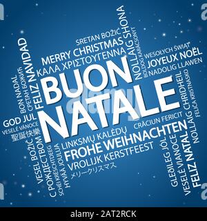 Nuage de mots avec texte Joyeux Noël en différentes langues, au milieu d'un immense et bold écrit en italien Illustration de Vecteur