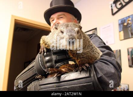 Punxsutawney, États-Unis. 19 janvier 2020. Groundhog Phil sur le bras de son maître John Griffiths. Chaque année, en février, dans une parcelle de forêt près de Punxsutawney, la marmotte donne une prévision du cours de l'hiver. La petite ville est considérée comme la maison des marmots, grâce au film hollywoodien "Und täglich grüßt das Murmeltier" (Et le Marmot Greets Daily), qui y est fixé. (À dpa ''Groundhog Day'': Et chaque année Phil accueille de Punxsutawney') crédit: Christina Horsten/dpa/Alay Live News Banque D'Images