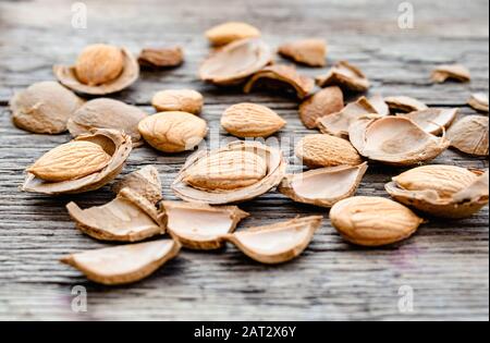 Le noyau d'abricots et de pierres sur le fond de vieux planches. Abricots pour la fabrication de comprimés et de médicaments. Gros plan. Banque D'Images